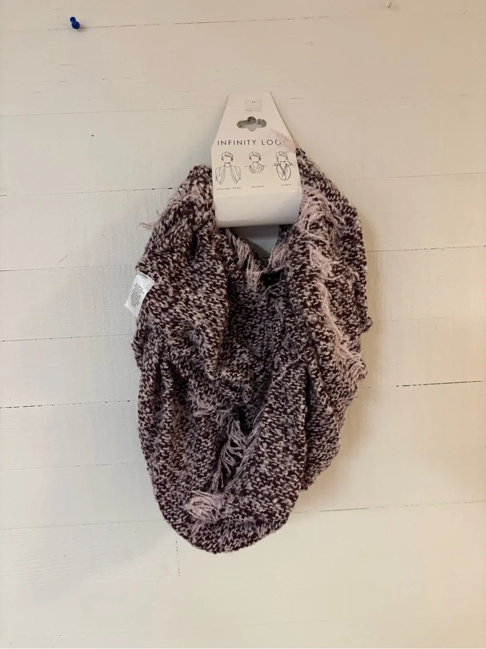 Infinity Loop Knit Scarf Burgundy Mauve Fringe Convertible Wrap NWT